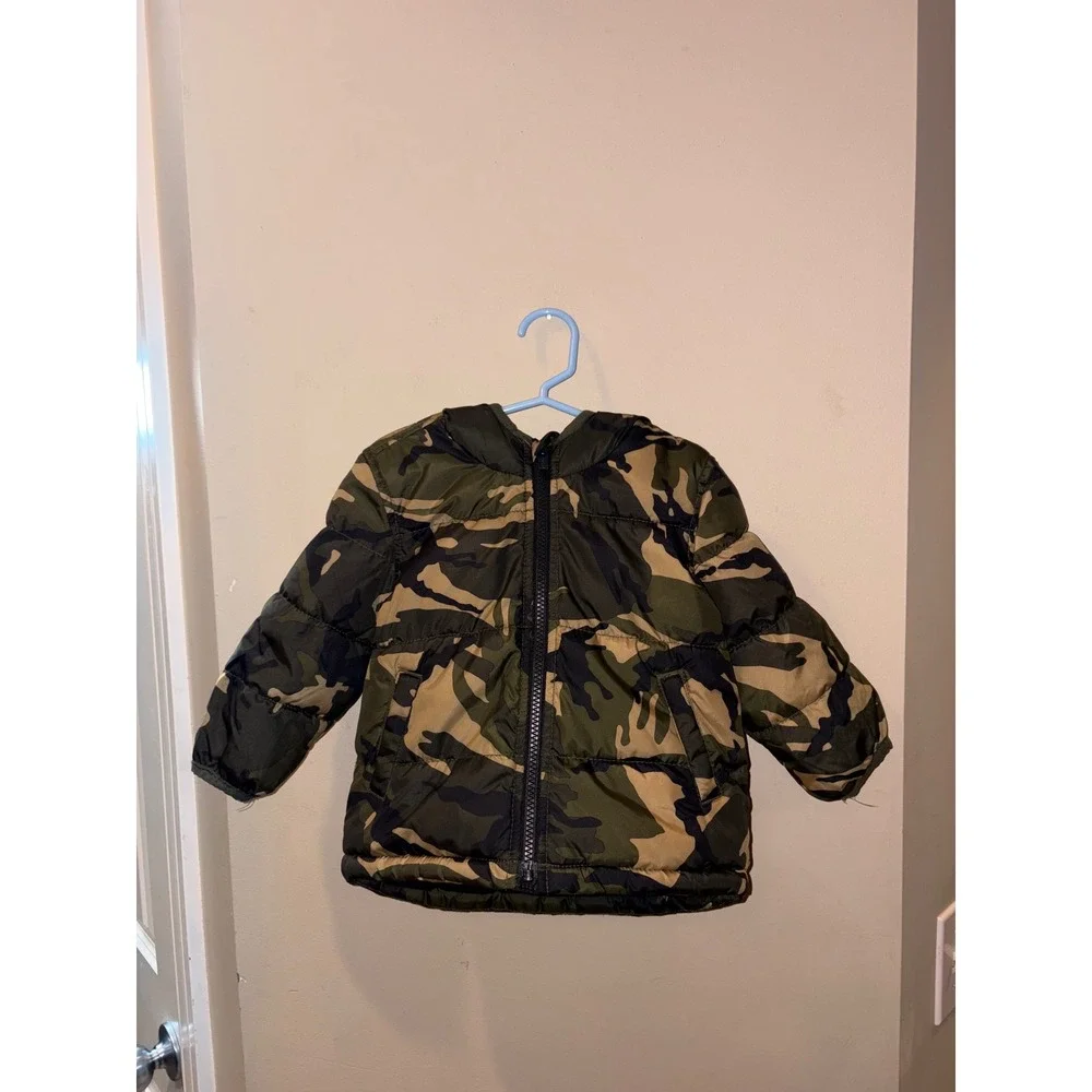 Old Navy Kids Camo Hooded Puffer Jacket Green Tan Fleece Lined 18-24M